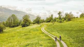 Gravel Bike Tour durch Liechtenstein – Naturgenuss auf zwei Rädern Zwei Gravel-Biker auf einem kurvigen Weg durch blühende Wiesenlandschaft mit Alpenpanorama in Liechtenstein – Radfahren in unberührter Natur