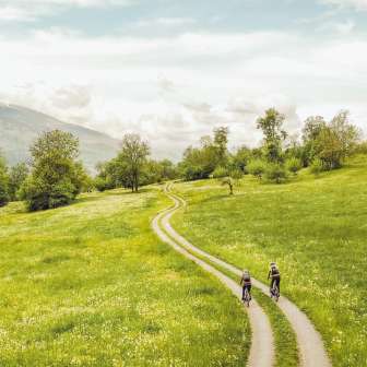 Gravel bike tour through Liechtenstein - enjoy nature on two wheels Two gravel bikers on a winding path through flowering meadows with a panoramic view of the Alps in Liechtenstein - cycling in untouched nature